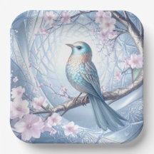 Prato de Papel Floral Blue Bird