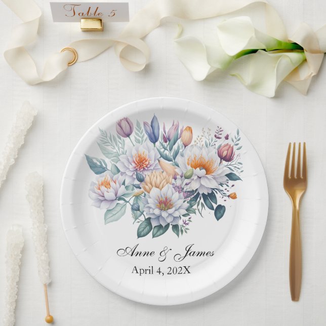Prato De Papel Floral Branco Personalizado (Casamento)