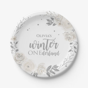 Prato de Papel Floral com Brilho Prateado Winter O