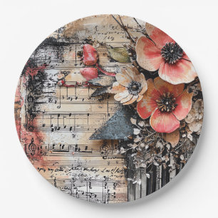 Prato De Papel Floral com Chaves de Piano Russas e Música Vencida