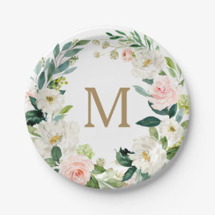Prato de Papel Floral com Monograma em Rosa para C