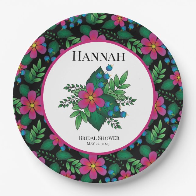 Prato De Papel Floral Cor-de-Rosa Quente em Preto (Frente)