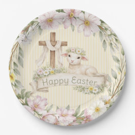 Prato De Papel Floral Cross and Lamb | Happy Easter