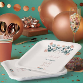 Prato De Papel Floral de Folha Rosa e Teal