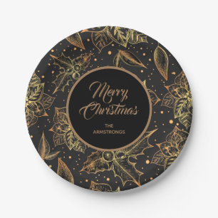 Prato De Papel Floral de Natal Dourado e Negro