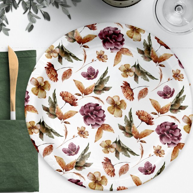Prato De Papel Floral de Outono (Fall Floral Paper Plate Botanical Burgundy Orange Terracotta Pattern by Painted Paperie)