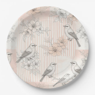 Prato De Papel Floral de Pássaro Vintage em Listra Toile (7)