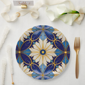 Prato De Papel Floral Dourado Azul Profundo e Ilegante