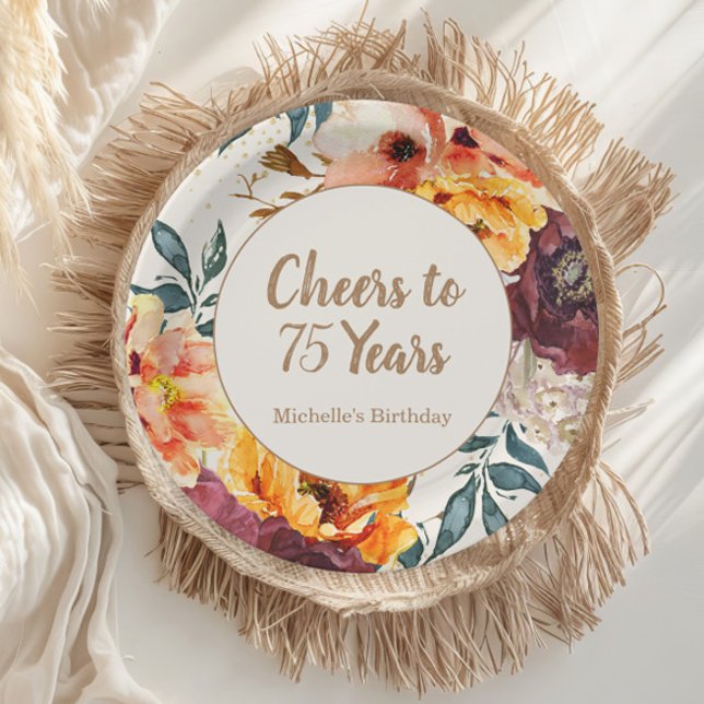 Prato De Papel Floral Dourado Floral Laranja Burgundy 75 Anos (Orange and burgundy watercolor floral "Cheers to 75 years" paper plate)