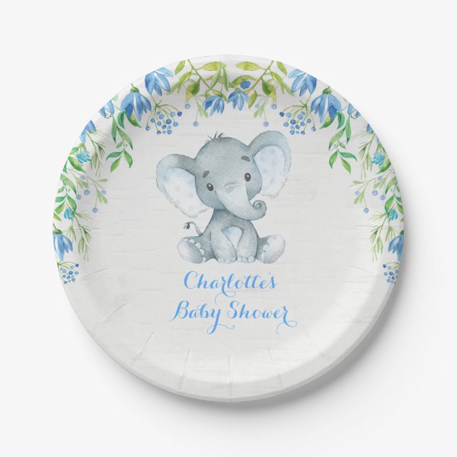 Prato De Papel Floral Elephant Baby Boy Blue Party Placa Chá (Frente)