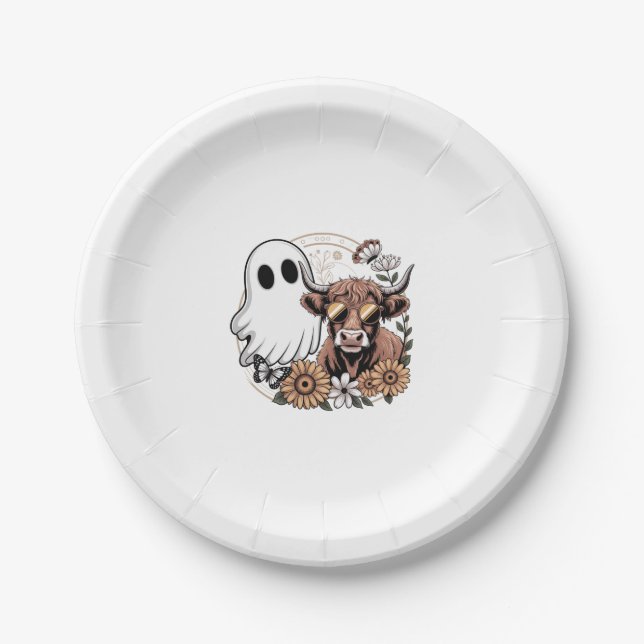 Prato De Papel Floral Fall Highland Cow Ghost (Frente)