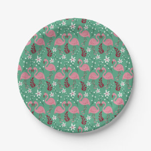 Prato De Papel Floral flamingo sem costura, padrão rosa verde