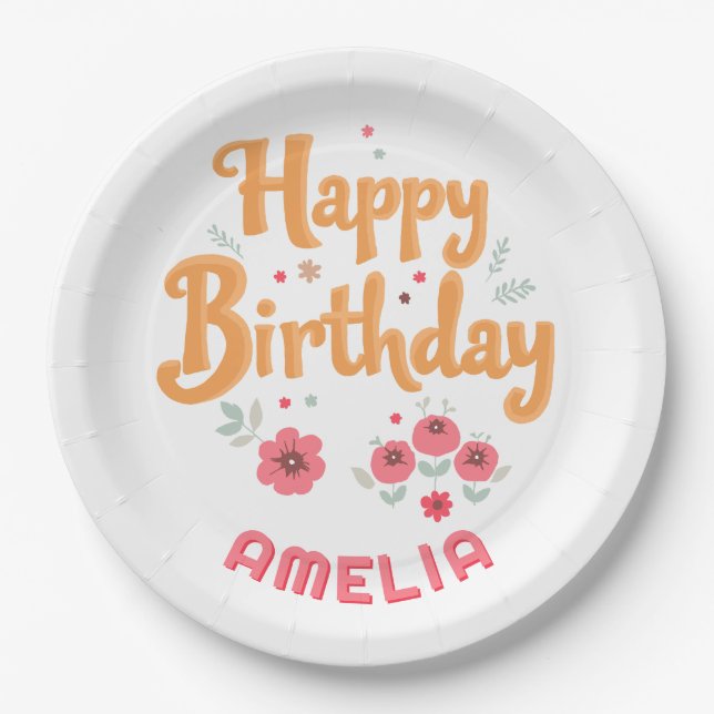 Prato De Papel Floral Flowers Happy Birthday Handlettering (Frente)