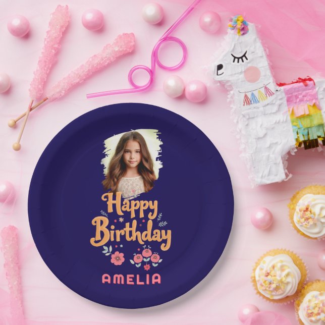 Prato De Papel Floral Flowers Happy Birthday Handlettering Photo  (Festa)