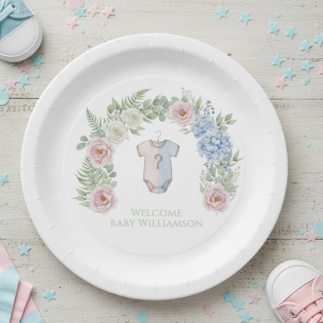 Prato De Papel Floral Gender Reveal Party Plate (Gender reveal party plate)