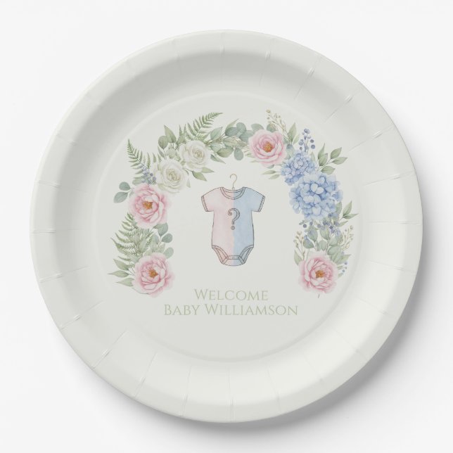Prato De Papel Floral Gender Reveal Party Plate (Frente)