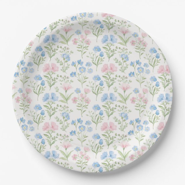 Prato De Papel Floral Grandmillennial Rosa e Azul (Frente)