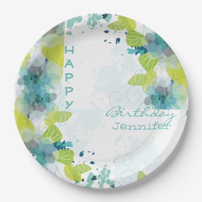Prato De Papel Floral Happy Birthday - Nome Personalizado 9" Plac (Frente)