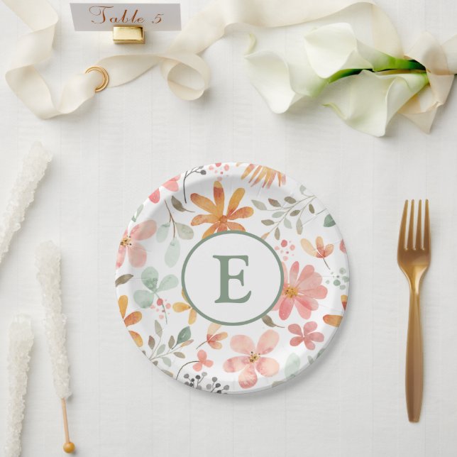 Prato de Papel Floral Pastel com Inicial (Casamento)
