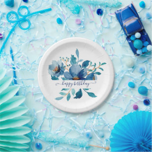 Prato De Papel Floral personalizado aguarela azul brilhante