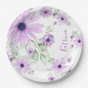 Prato De Papel Floral Personalizado de Aquarela Violeta e Verde