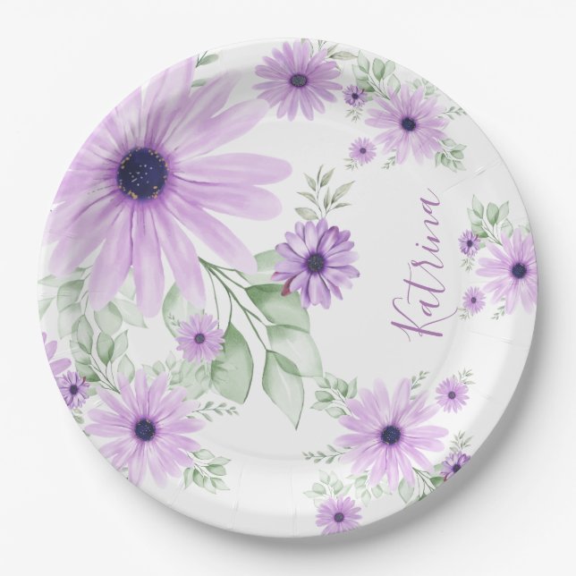 Prato De Papel Floral Personalizado de Aquarela Violeta e Verde (Frente)