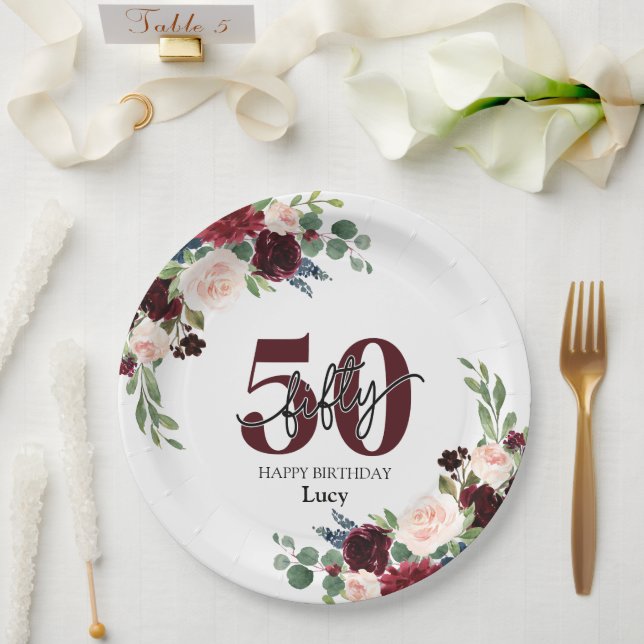Prato de papel floral personalizado para 50º anive (Casamento)