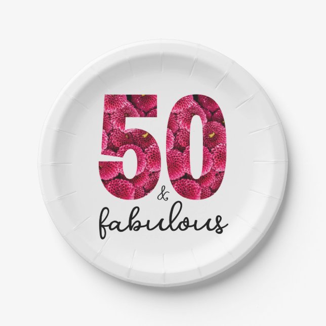 Prato De Papel Floral rosa 50 e Fabulosa 50ª Festa de aniversário (Frente)