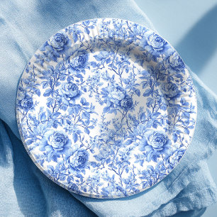 Prato de Papel Floral Rosas Toile Francês Azul Ant