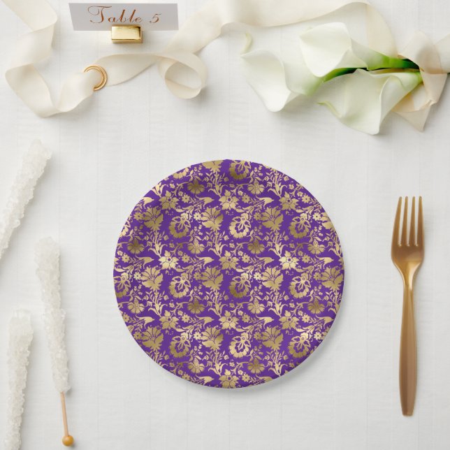Prato De Papel Floral Roxo Elegante Dourado (Casamento)