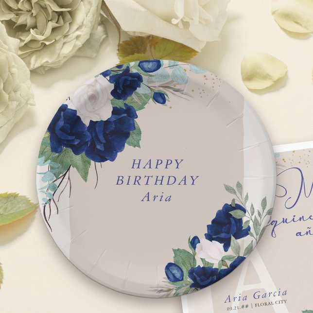 Prato De Papel Floral Royal Blue e Ivory Rosas Personalizadas (Personalized Birthday Party Plates with beautiful royal blue and ivory rose blooms)