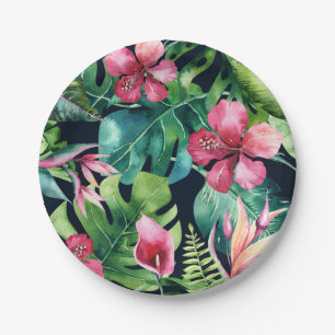 Prato De Papel Floral Tropical Hibisco e Folhas de Palmeira Havai