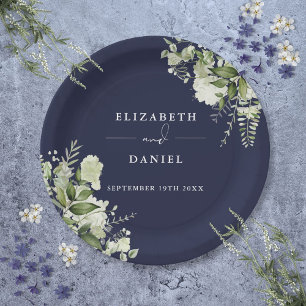 Prato De Papel Floral Verde Elegante Casamento Azul Marinho