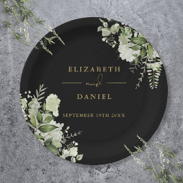 Prato De Papel Floral Verde Elegante Casamento Preto e Dourado