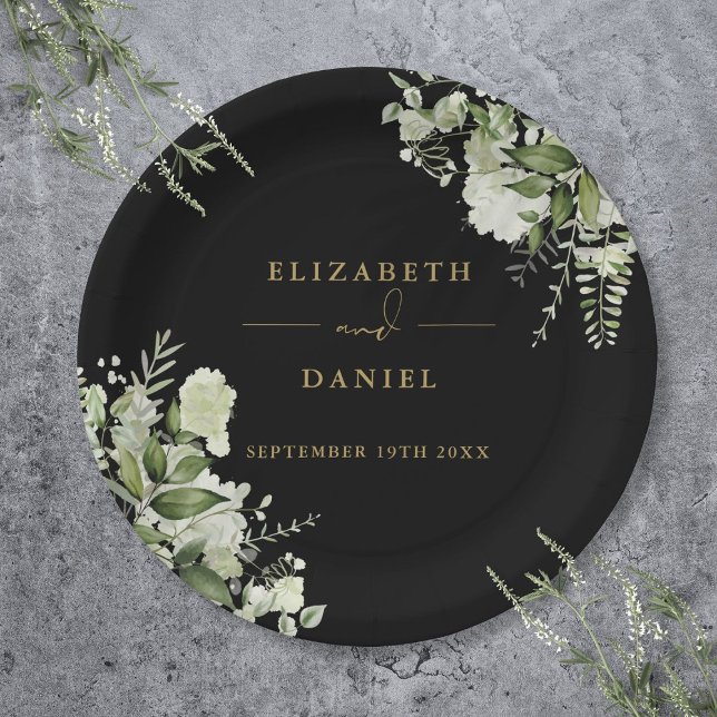 Prato De Papel Floral Verde Elegante Casamento Preto e Dourado (Greenery Floral Elegant Black And Gold Wedding Paper Plates)