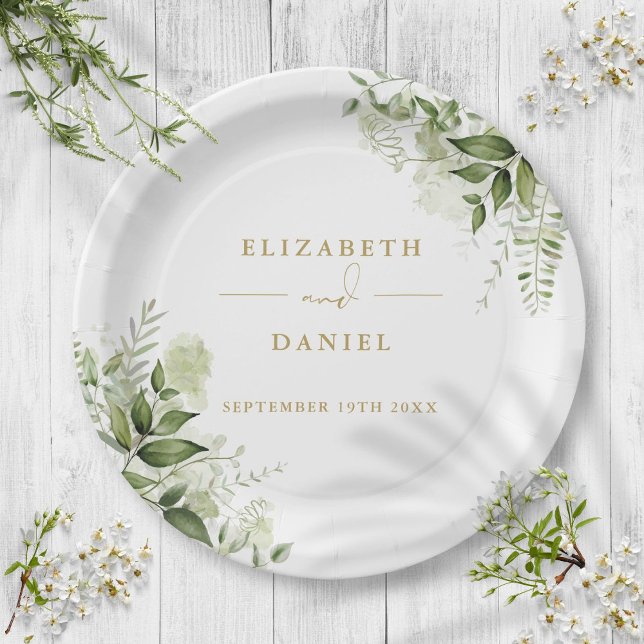 Prato De Papel Floral Verde Elegante Moderno Casamento Dourado (Greenery Floral Elegant Modern Gold Wedding Paper Plates)