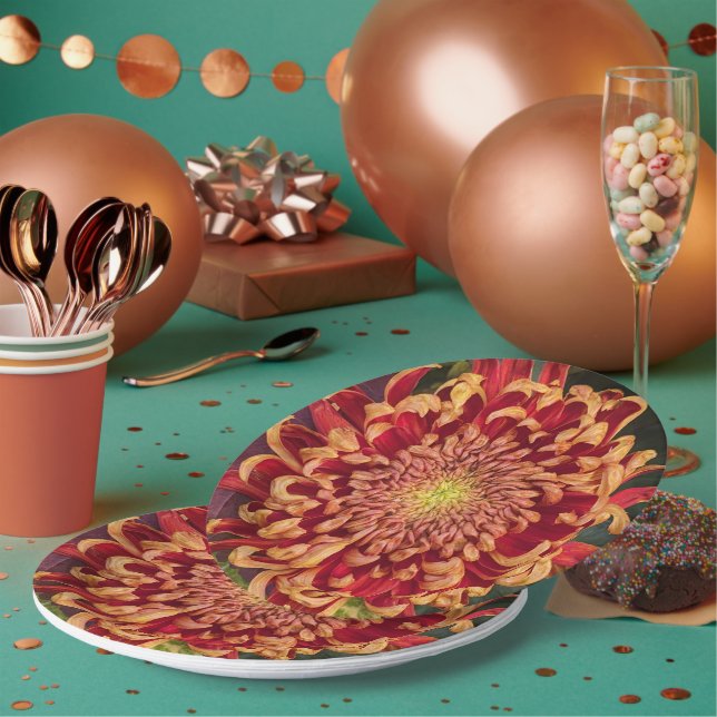 Prato De Papel Floral, vermelho e amarelo, (Múltiplo)