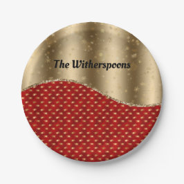 Prato De Papel Floral Vermelho Natal com Fita e Nome Dourados