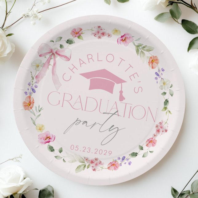 Prato De Papel Floral Widflower Pink Bow Graduation party (Criador carregado)
