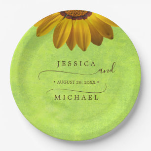 Prato De Papel Flores Amarelas no Casamento Verde Abstrato