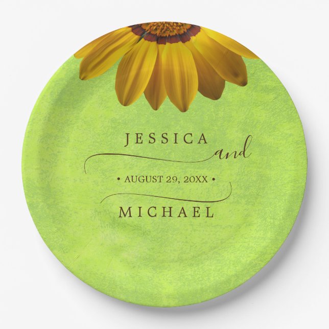 Prato De Papel Flores Amarelas no Casamento Verde Abstrato (Frente)