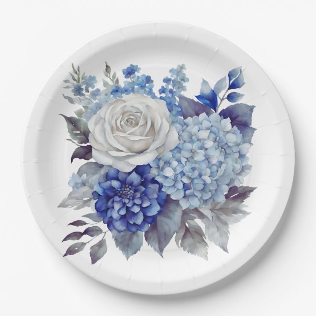 Prato De Papel Flores Azuis De Aquarela-Casamento- (Frente)