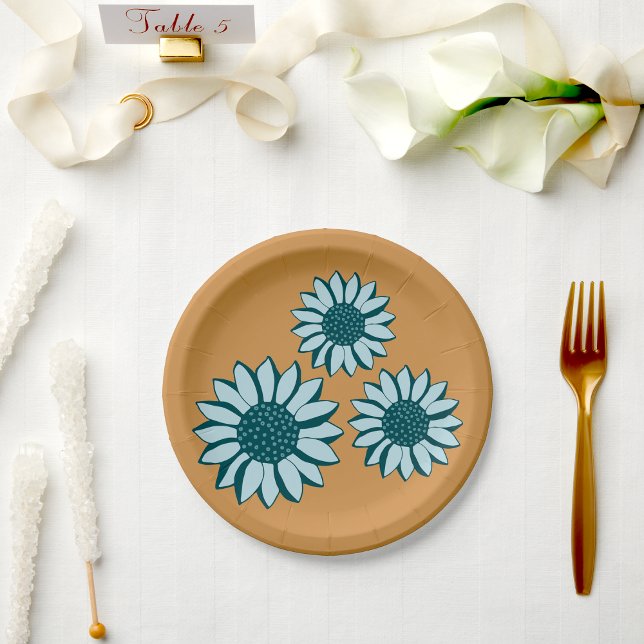 Prato De Papel Flores Azuis de Girassol (Sunflower Blue Flowers Paper Plates from Studio Posies. )