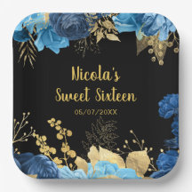 Flores Azuis e Douradas Elegantes Sweet Sixteen