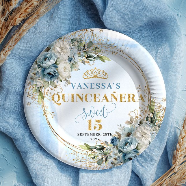 Prato De Papel Flores Azuis Elegantes e Poeirentas com Nome em Do (Elegant Dusty Blue Flowers Gold Name Quince Plates)