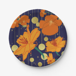 PRATO DE PAPEL FLORES AZUIS ESCUROS E LARANJAS