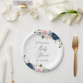 Prato De Papel Flores Azuis marinhos, Flores Rosa, Chá de fraldas