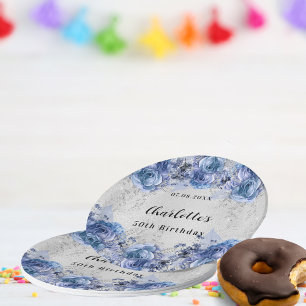 Prato De Papel Flores azuis prateadas de aniversário