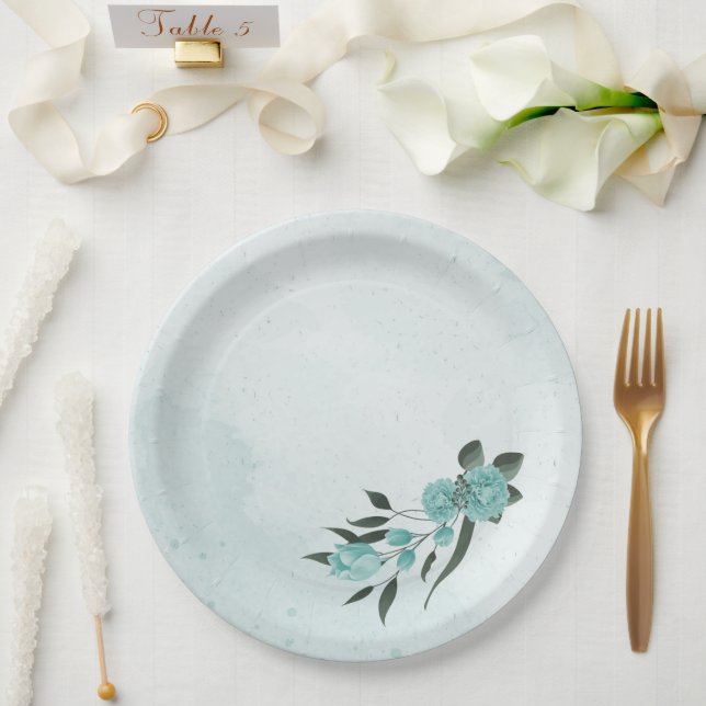 Prato De Papel flores azuis românticas e folhas verdes (Casamento)