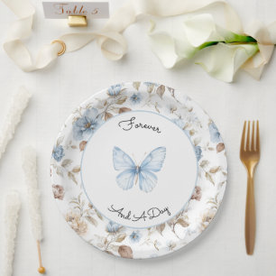 Prato De Papel Flores Azuis Românticas Folhas Marrons Casamento